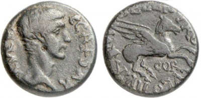 Figure 5: Caligula and Pegasus (RPC I, 1173). Bronze as, from Corinth, 44-43 BCE. Obverse: head of Caligula, with the legend C(AIVS) CAESAR AVG(VSTVS) (Gaius Caesar Augustus). Reverse: Pegasus, with the legend M BELLIO PROCVLO IIVIR COR (M. Bellius Proculus duovir). Reproduced with permission of www.wildwinds.com.  